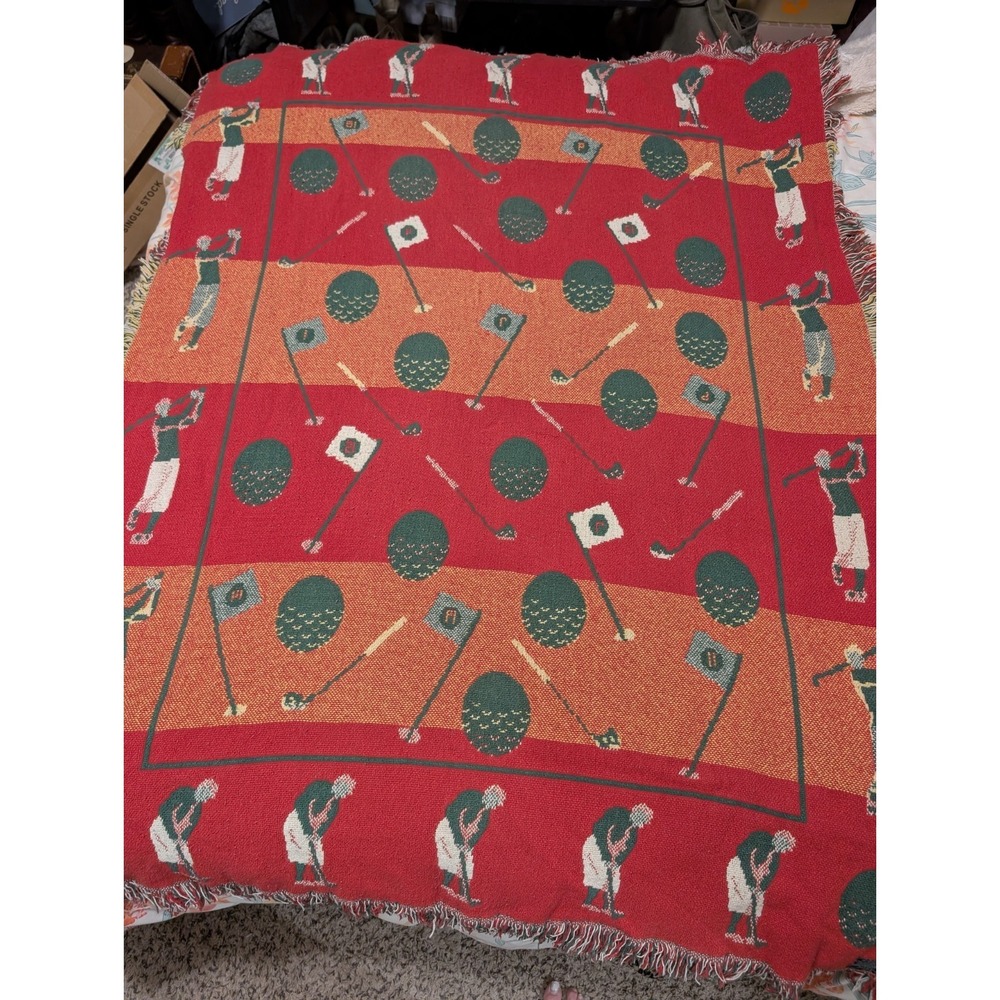 Vintage Cotton Tapestry Reversible Golf Blanket/Throw Fringe Edge 48 x 60